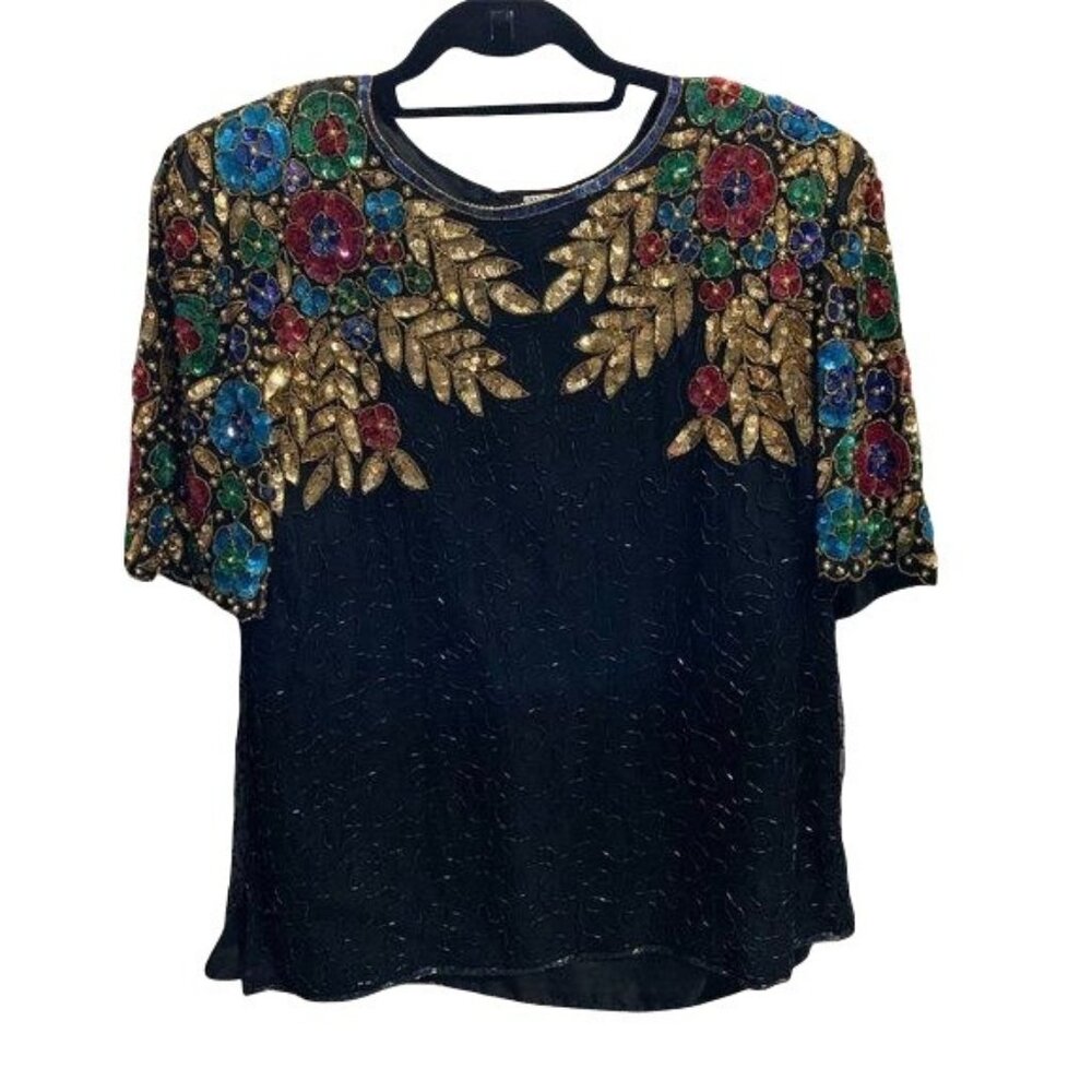 Vintage 100% Pure Silk Glamourous Hand Beaded Floral Sequined Top M